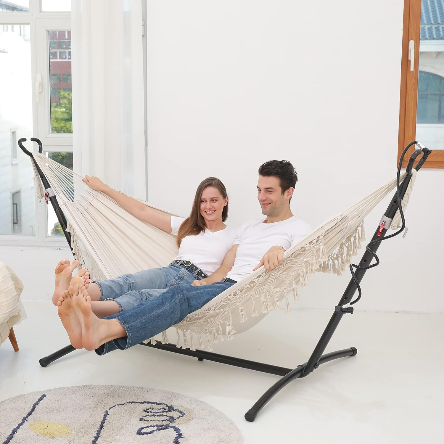 ​Boho Double Hammock for 2 Person - Portable with Carry Bag, Indoor/Outdoor Use for Patio, Beach, Camping (Beige)​ image number 3
