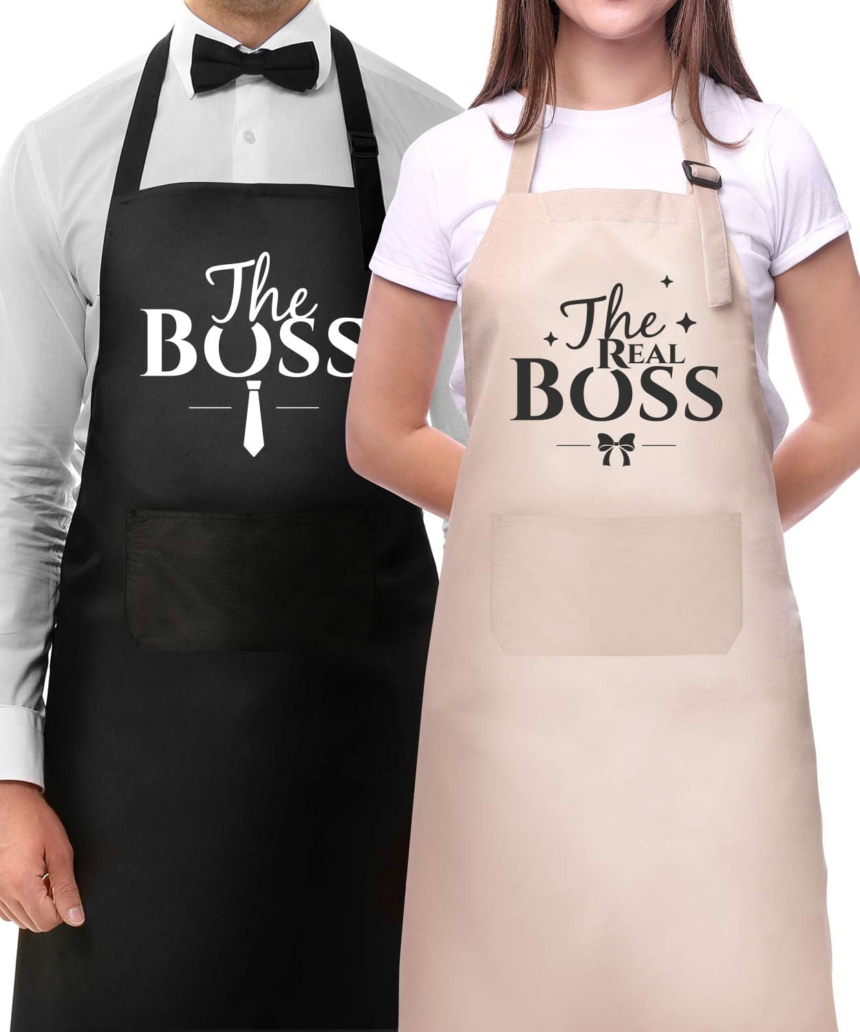Couple Aprons for Cooking-The Boss the Real Boss Apron Set Funny Adjustable Baking Aprons His and Her Engagement Anniversary Wedding Valentines Day Bridal Shower Gift, Black, 27.5Lx31.4W INCHS image number 4