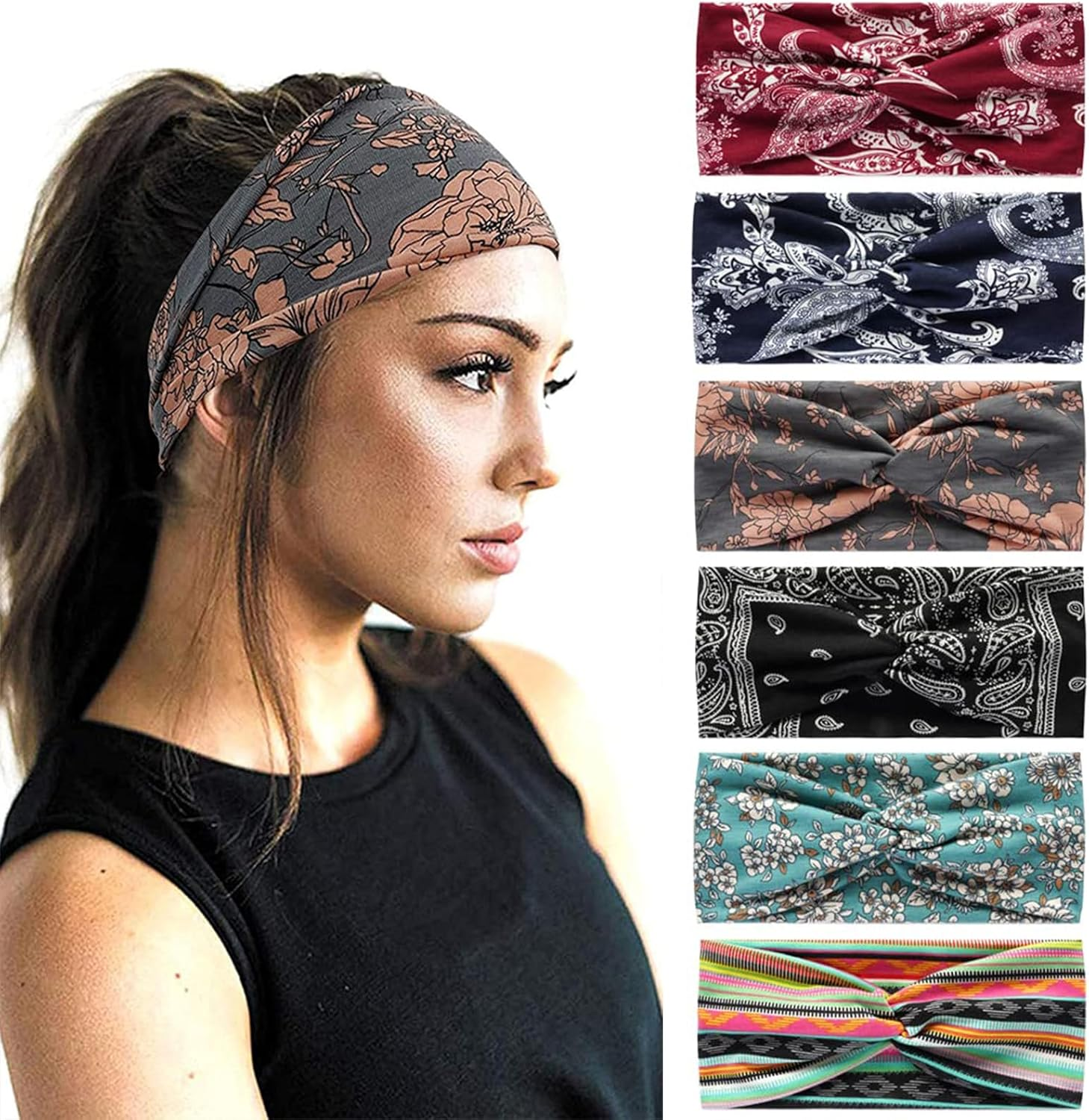 6Pcs Bandana Headbands for Women Wide Wavy Headscarf Boho Head Scarfs Wraps Turban Fabric Elastic Headband Yoga Hairbands Sport Running Headscarves