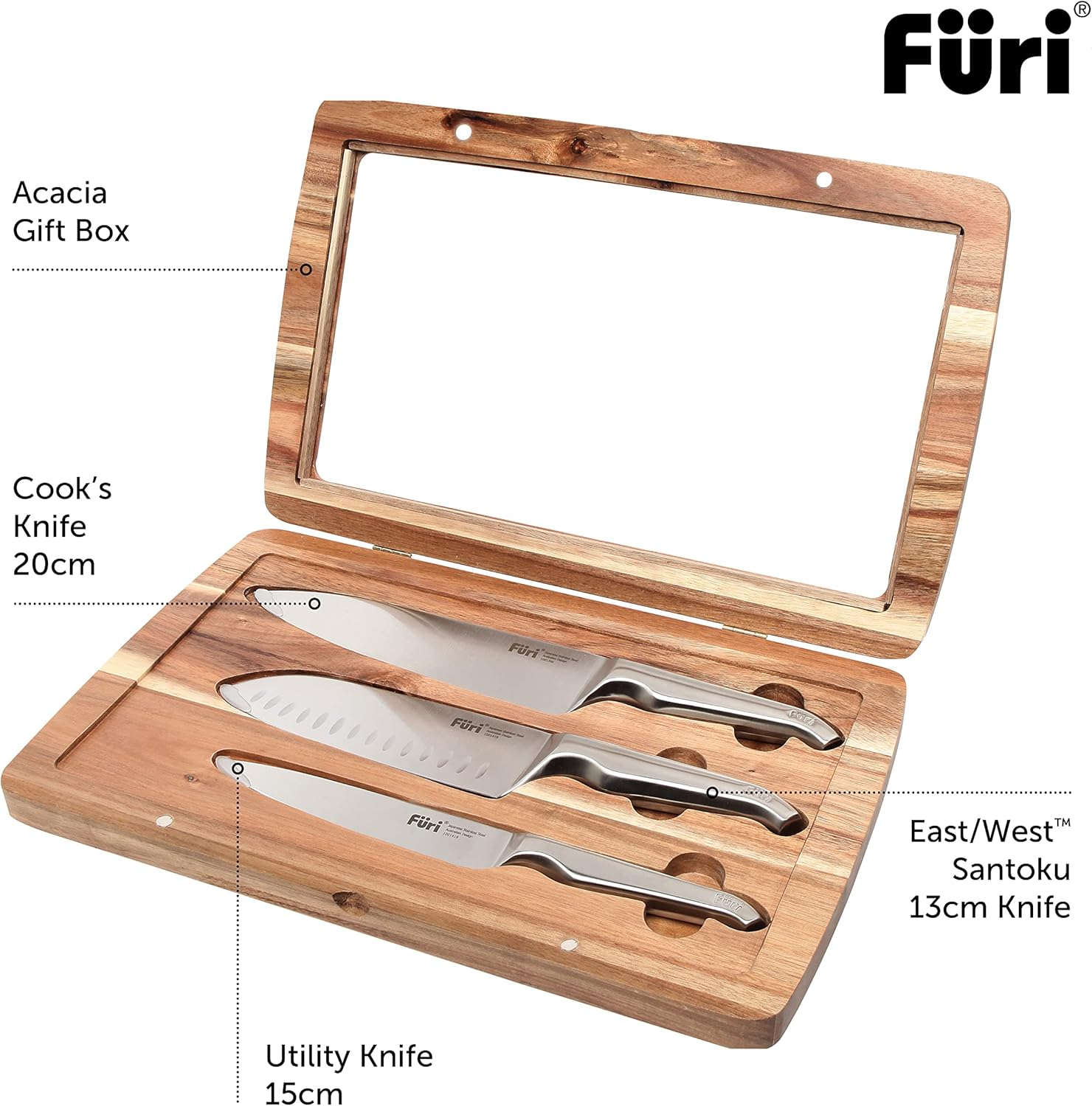 Furi Pro Acacia Knife Set 3 Pc, Beautiful Acacia Wood Gift Box with Three Premium Knives for a Superior Cutting Performance, Stainless Steel Blades, Ergonomic Reverse-Wedge, Anti-Fatigue Handle image number 4