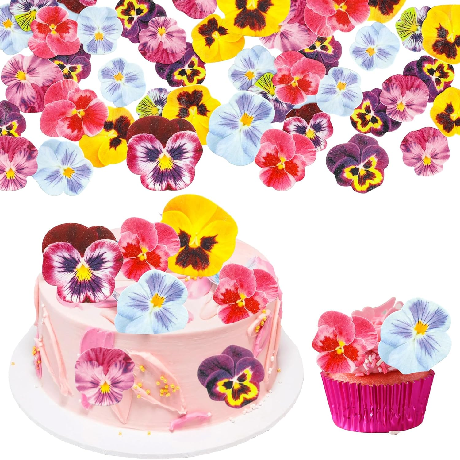 64Pcs Edible Flower Cupcake Toppers Spring Bridal Engagement Baby Shower Birthday Party Cupcake Picks Anniversary Party Decorations Supplies