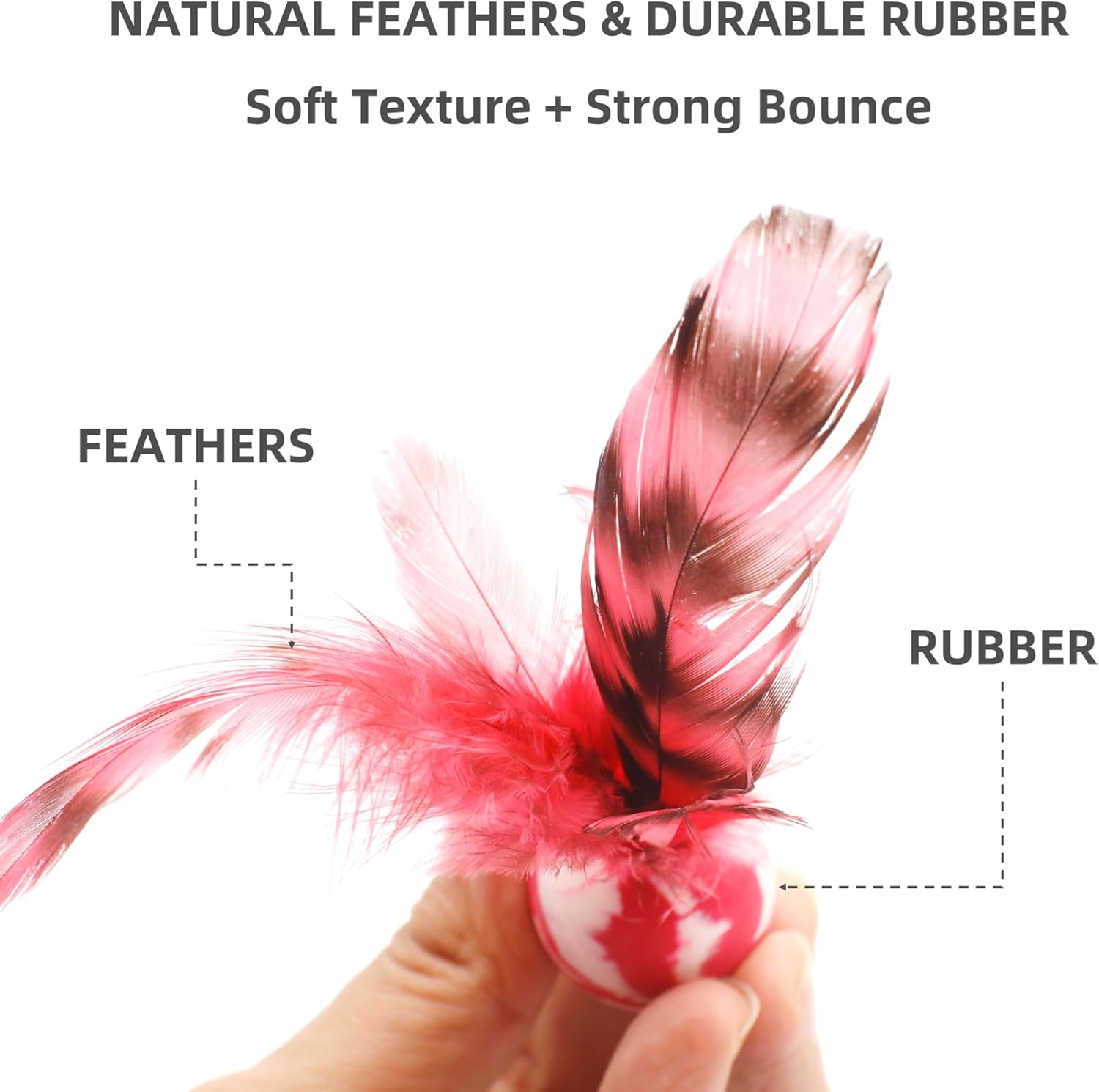ZAYLUMO Cat Feather Bounce Balls - 5 Pack Interactive Cat Toys with Natural Feathers, Rubber Bouncing Balls for Indoor Cats, Fun Exercise & Hunting Instinct Stimulation, Assorted Colors image number 1