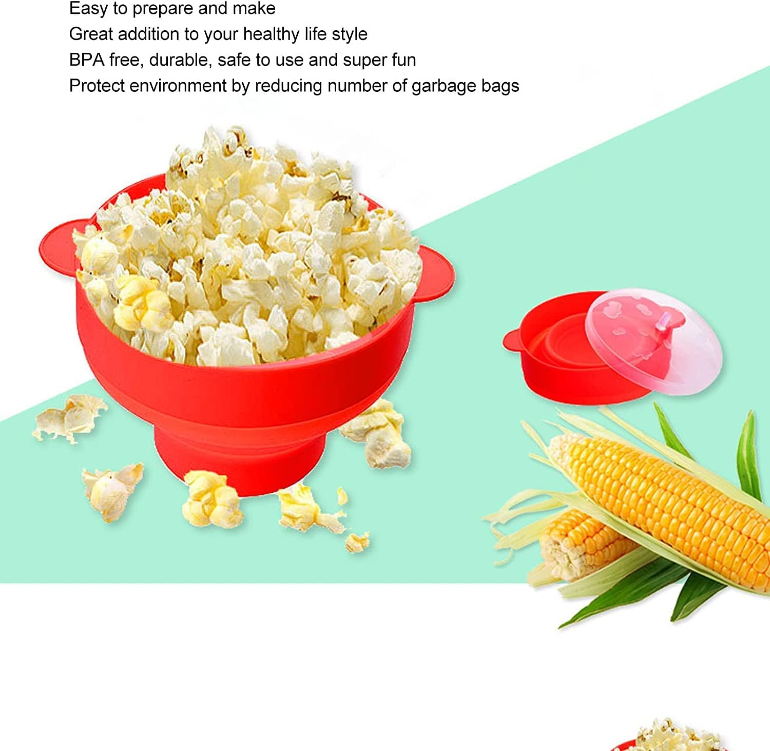 TINGJUNN Microwave Silicone Popcorn Maker Popcorn Bowl Silicone Collapsible Popcorn Maker with Lid and Handle BPA Free, Dishwasher Safe (Black)