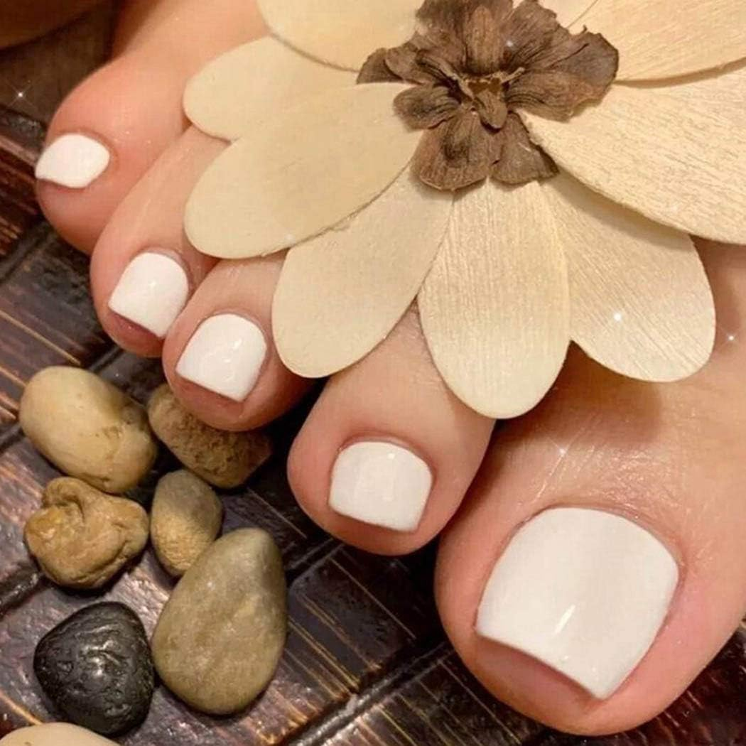 Mosako Glossy Press on Toenails Chic Solid Color Fake Toenails Short False Toenails Full Cover Nail Tip Foot Nails Square Clip on Toenails Beach Sand Feet Nails Top Coat Covered for Women and Girls 24Pcs (White) image number 4