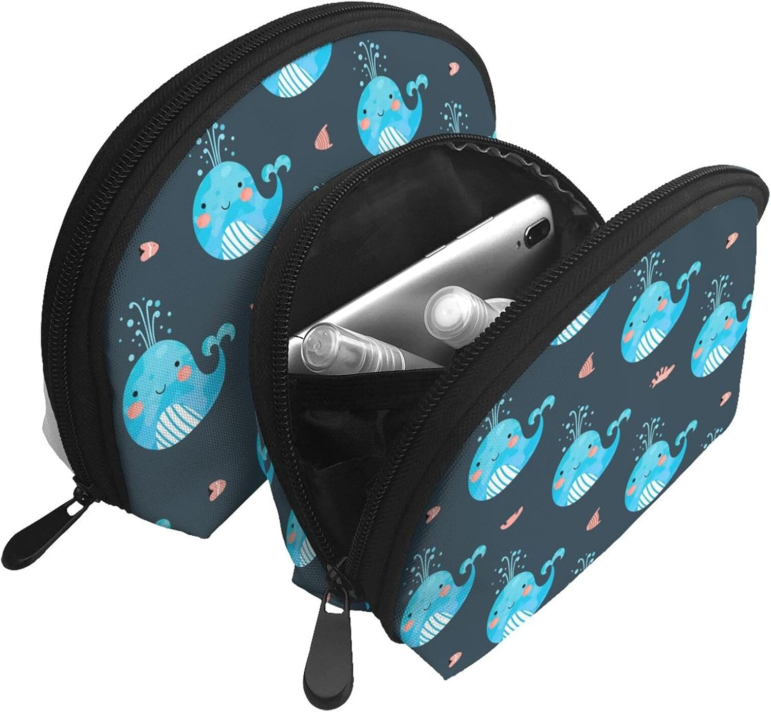 Cozimangoe Coin Pouch Makeup Bags Set, 2 Piece Shell Shape Cosmetic Bag with Pockets for Daily Travel Handbag Lipstick Keys Toiletry, Personalized Cute Whales and Fishes image number 5