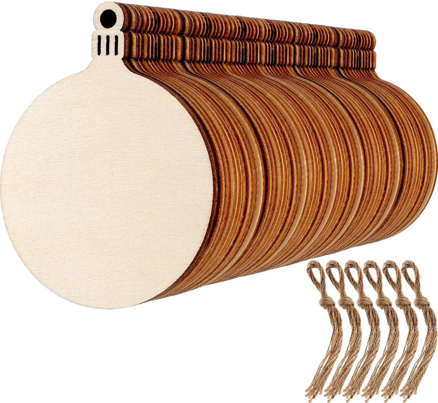 60 Sets round Wood Slices Blank Wood Discs Wood Baubles Pendant Ornaments image number 2