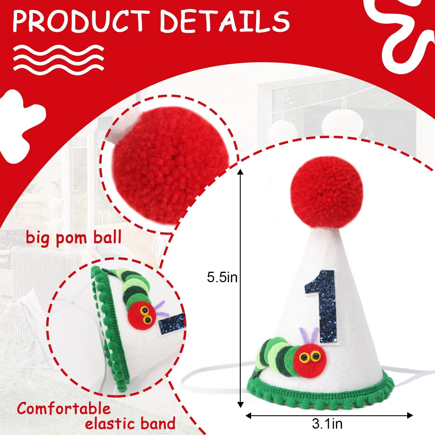 Agkvw Hungry Caterpillar 1St Birthday Hat - Hungry Hungry Caterpillar Party Decoration, First Birthday Crown for Boys, Cake Smash Crown, Green image number 2