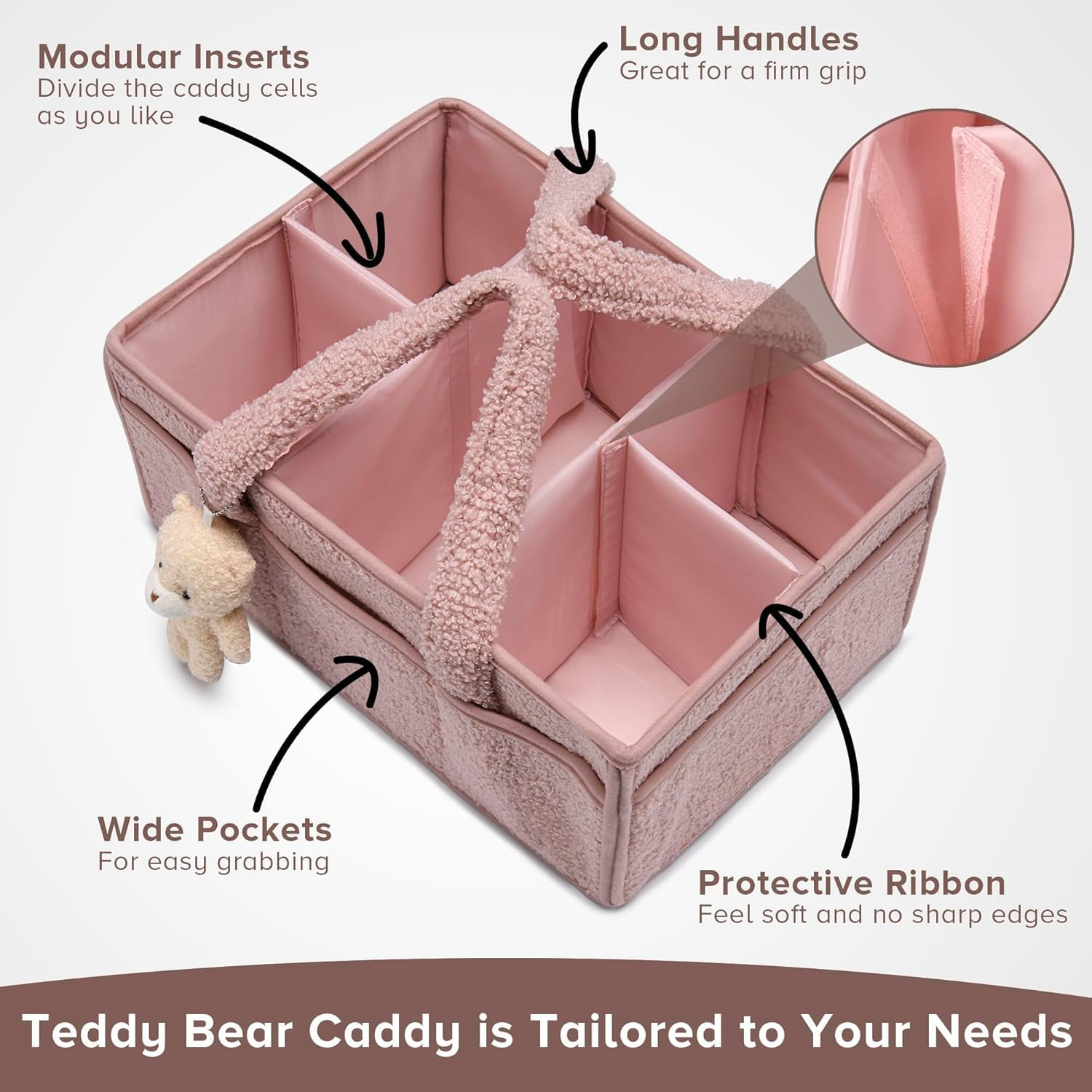 Baby Nappy Caddy Diaper Caddy Organizer, Baby Storage Basket for Diapers and Wipes (Baby Pink, with Bear)