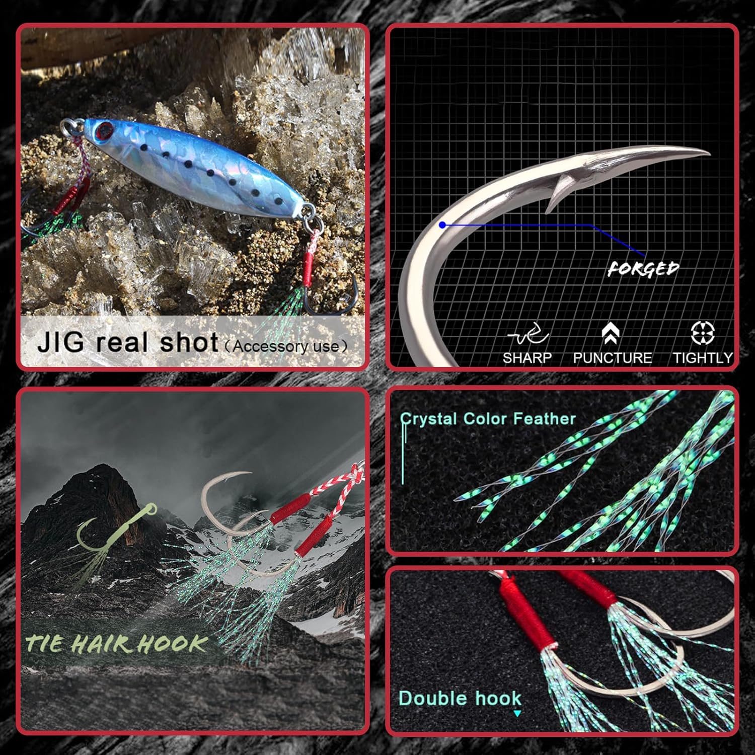 EWEIS 50 Pcs Alloy Reinforced Ddouble Fishing Hooks Kit for Slow Fast Jigs Jigging Lure Hooks,Strong Butterfly Fishing Jigs Hooks for Fishing Lures with Carbon Steel Barb Hook image number 6