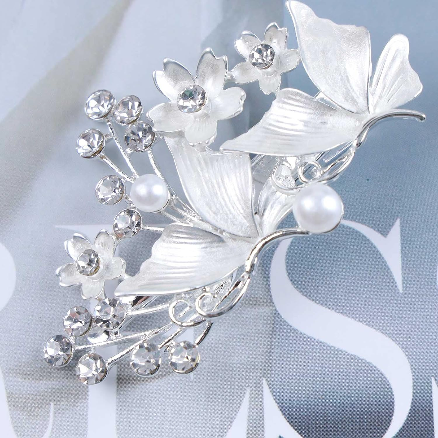 Tseenyi Wedding Flower Hair Clip Silver Crystal Barrette Beads Hair Clip Butterfly Hair Clip Beads Hair Clip Rhinestone Bridal Hair Accessories for Women and Girls image number 2