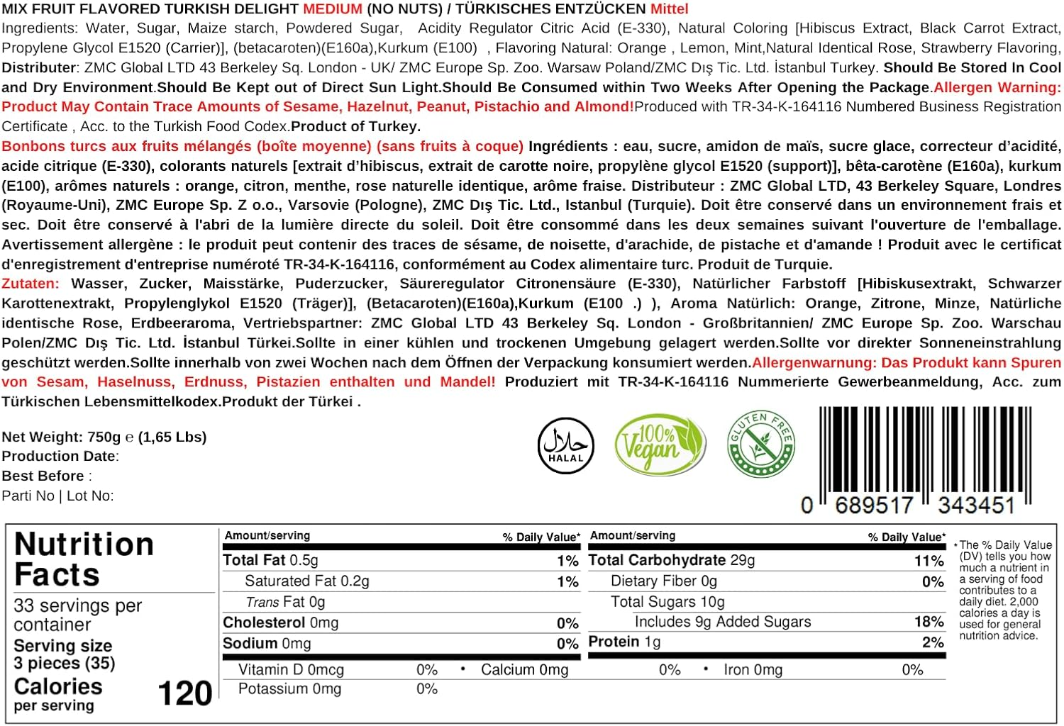 Mughe Gourmet Turkish Delight Candy Elegant Metal Box - 1.65Lbs/750Gr - Halal, Vegan Lokum Fruit Flavors Rose, Strawberry, Lemon, Orange, Mint - Perfect for Special Occasions, Christmas, Birthdays