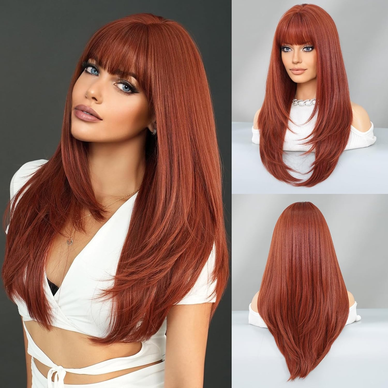 PARK YUN Long Straight Brown Wig with Bangs 26 Inch Ginger Orange Synthetic Layered for Women Natural Copper Red Head Heat Resistant Wig - Pink image number 2