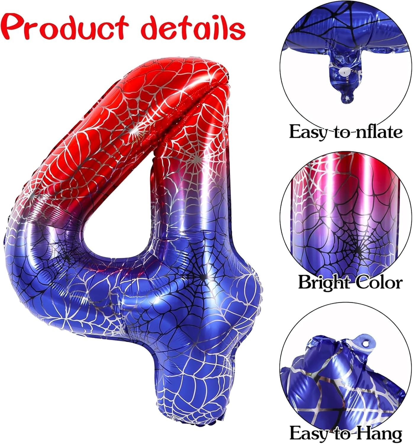 100Cm (40Inch) Spider Theme Printed Number Balloons,Ideal for Themed Events, and Halloween, Red Blue Foil Number Balloon for Birthday, Theme Party Supplies, Anniversary Decoration (Number 3) image number 3