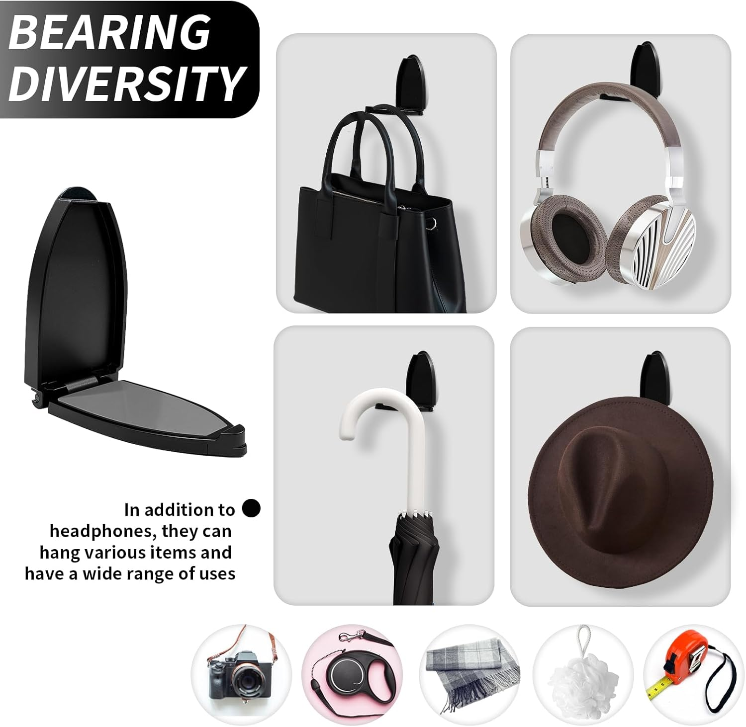 Headset Holder Wall, Foldable Headphone Holder, Wall Stand Headset Holder, Universal Headset Stand, Self-Adhesive Headphone Holder, PC Gaming Room Accessories for Headphones Controller (Black) image number 4