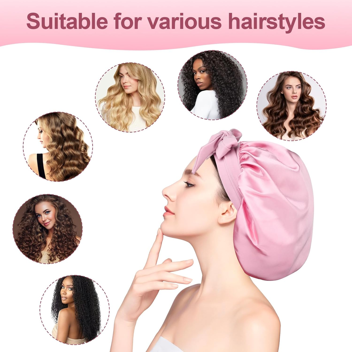 LIQWEI Pack of 2 Satin Hair Caps, Sleep Cap, Satin Adjustable Night Sleep Hat, Hair Cap for the Night, Soft Head Cap, Sleep Cap with Elastic Band for Women and Girls (Black Pink) image number 1