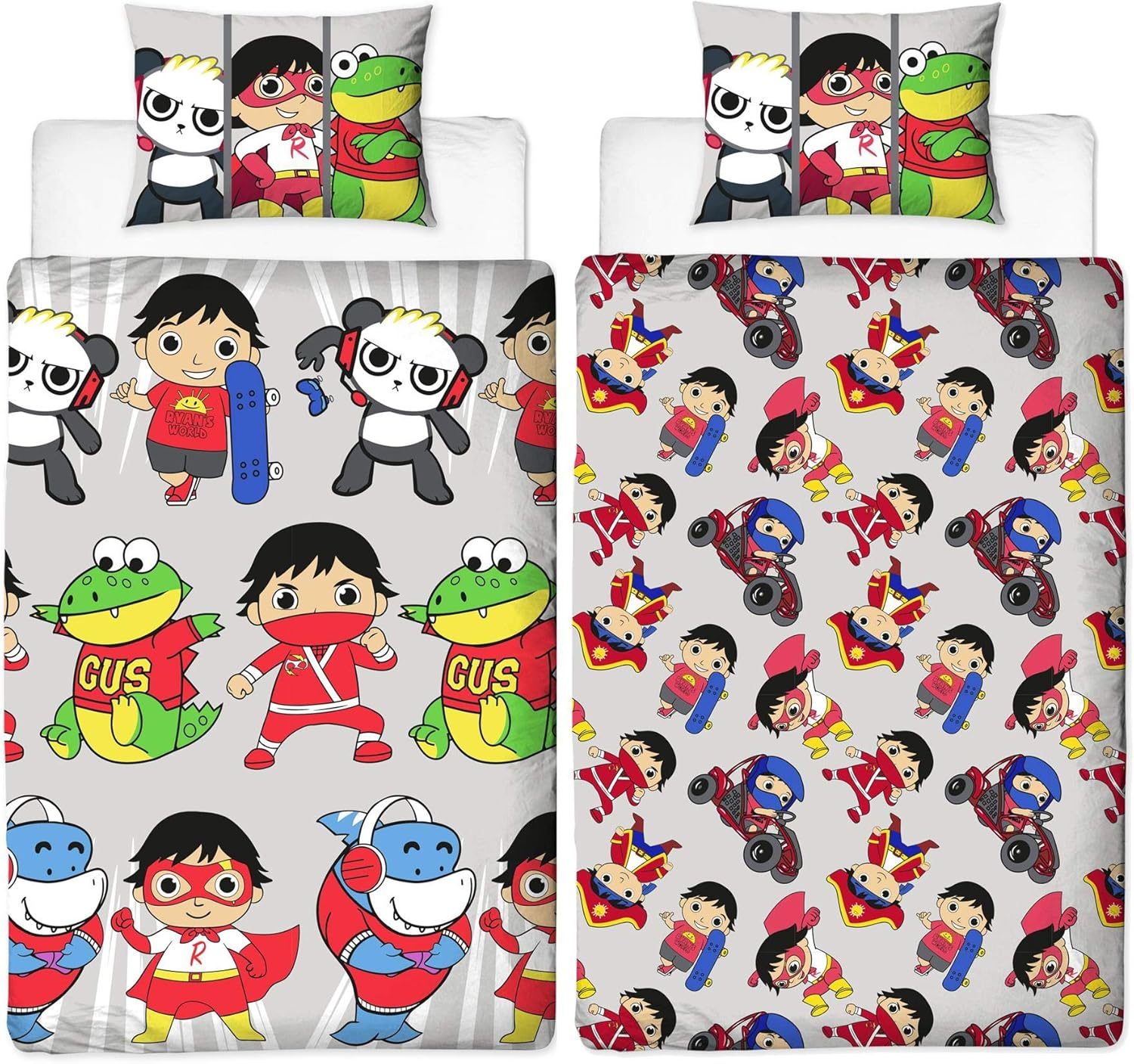 Batman Ryans World Gang Reversible Single Duvet Cover Official Merchandise Red Titanium Combo Panda and Gus image number 1
