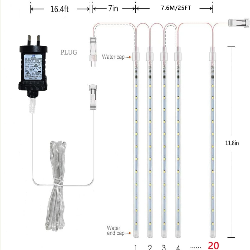 Outdoor Christmas Decorations, Waterproof 20-Tube Meteor Shower Lights for Xmas Wedding Party Decor, Wedding Decorations for Reception, Plug In, White - Blue image number 6