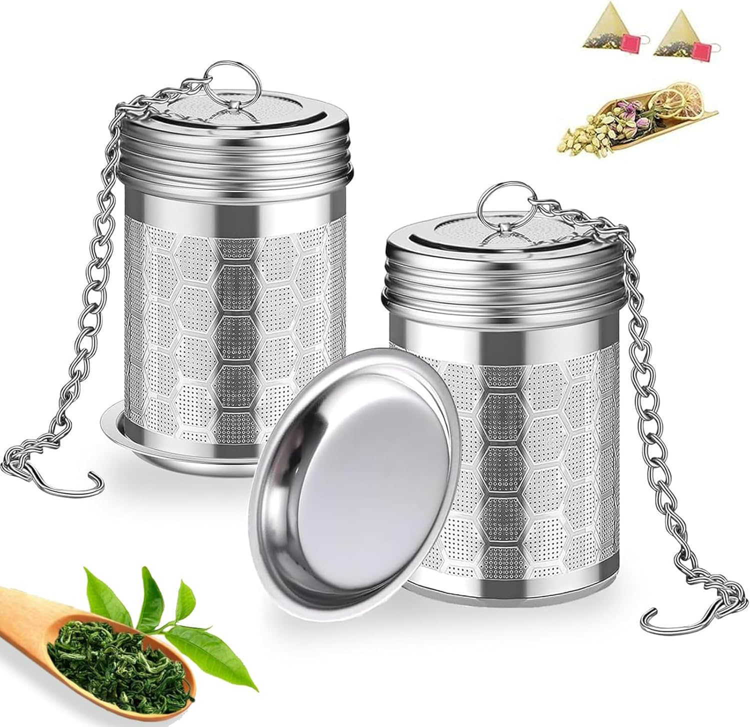 2 Pcs Stainless Steel Tea Filter,Loose Leaf Tea Infuser with Extended Chain Hook and Drip, Ultra Fine Honeycomb Design Mesh Tea Filter for Brewing Tea,Spices and Seasonings image number 4