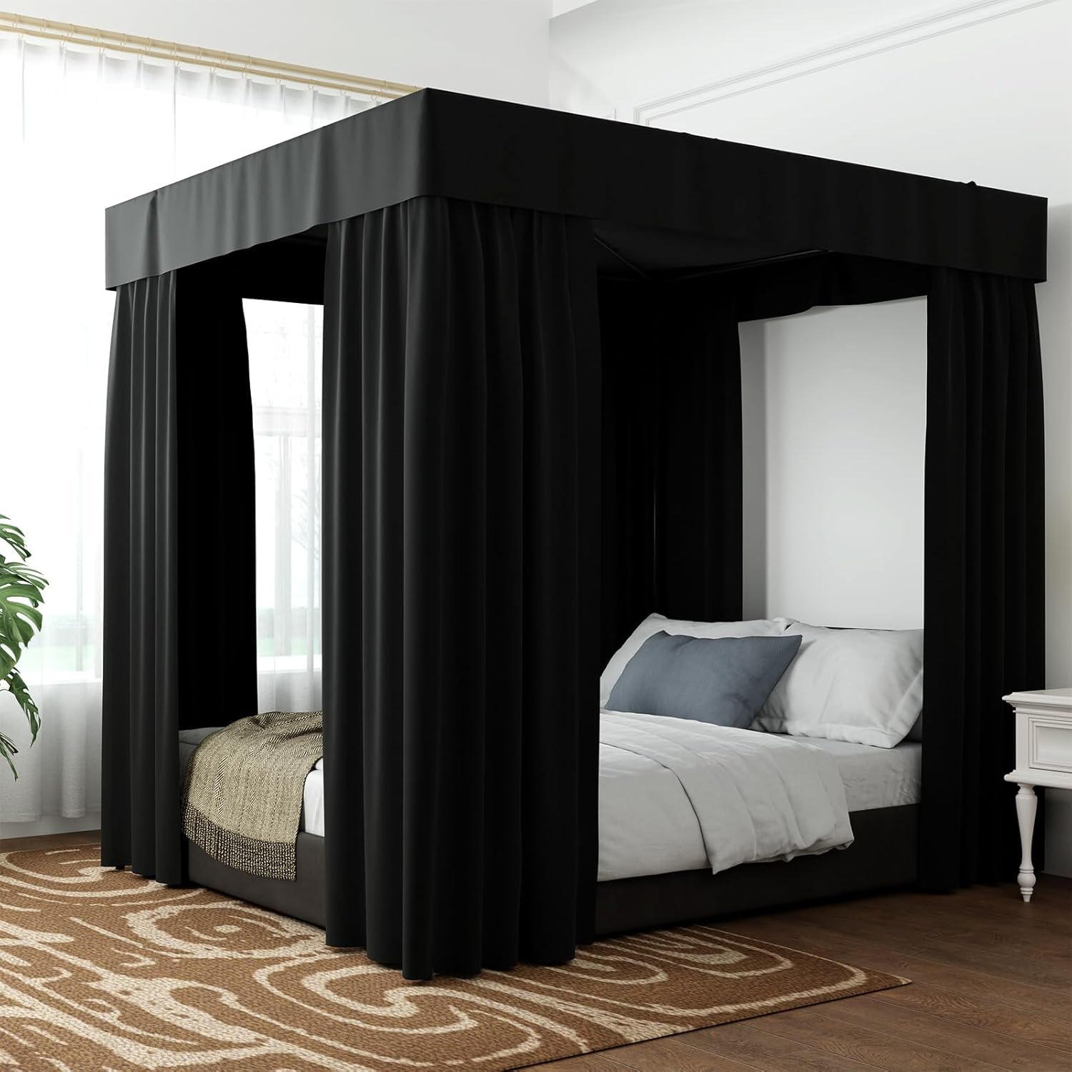 Hvqic Black Canopy Bed Curtains - 4 Corner Post Lightproof Drapes for King Bed - Adults & Girls Bedroom Decoration (King, Black)