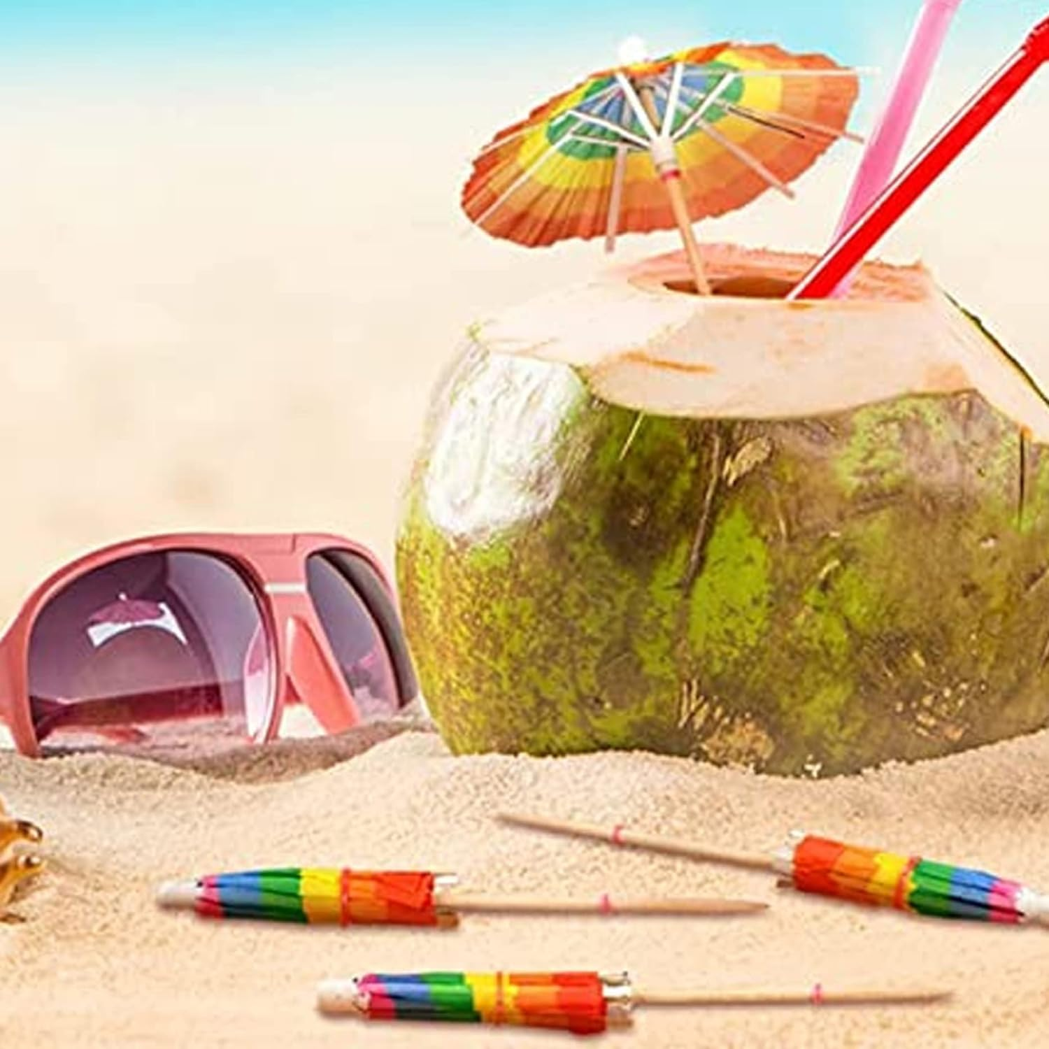 Cocktail Picks 150 Pieces Cocktail Umbrellas Toothpicks Summer 3 Handmade Rainbow Cocktail Picks Funny Cupcake Toppers and Drink Umbrellas for Pool Party