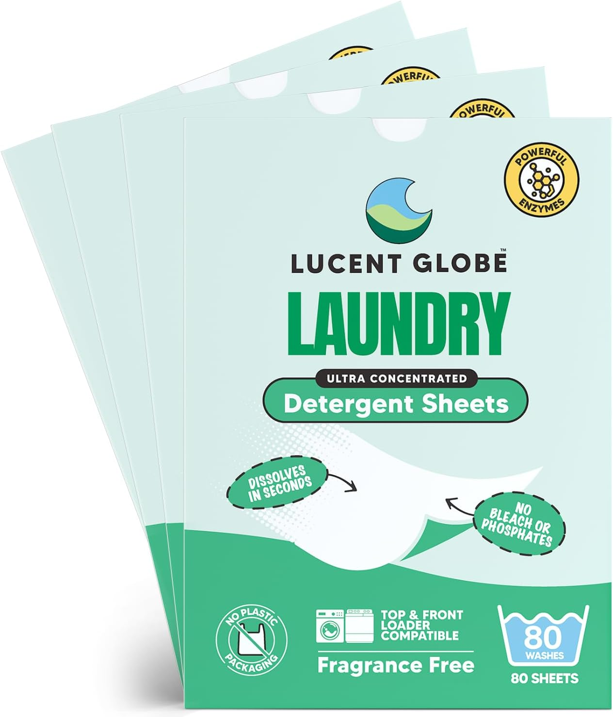 Lucent Globe Sensitive Laundry Detergent Sheets, Plant-Based, Biodegradable, Plastic Free Packaging. (4 Pack of 320 Washes, Fragrance Free) image number 6