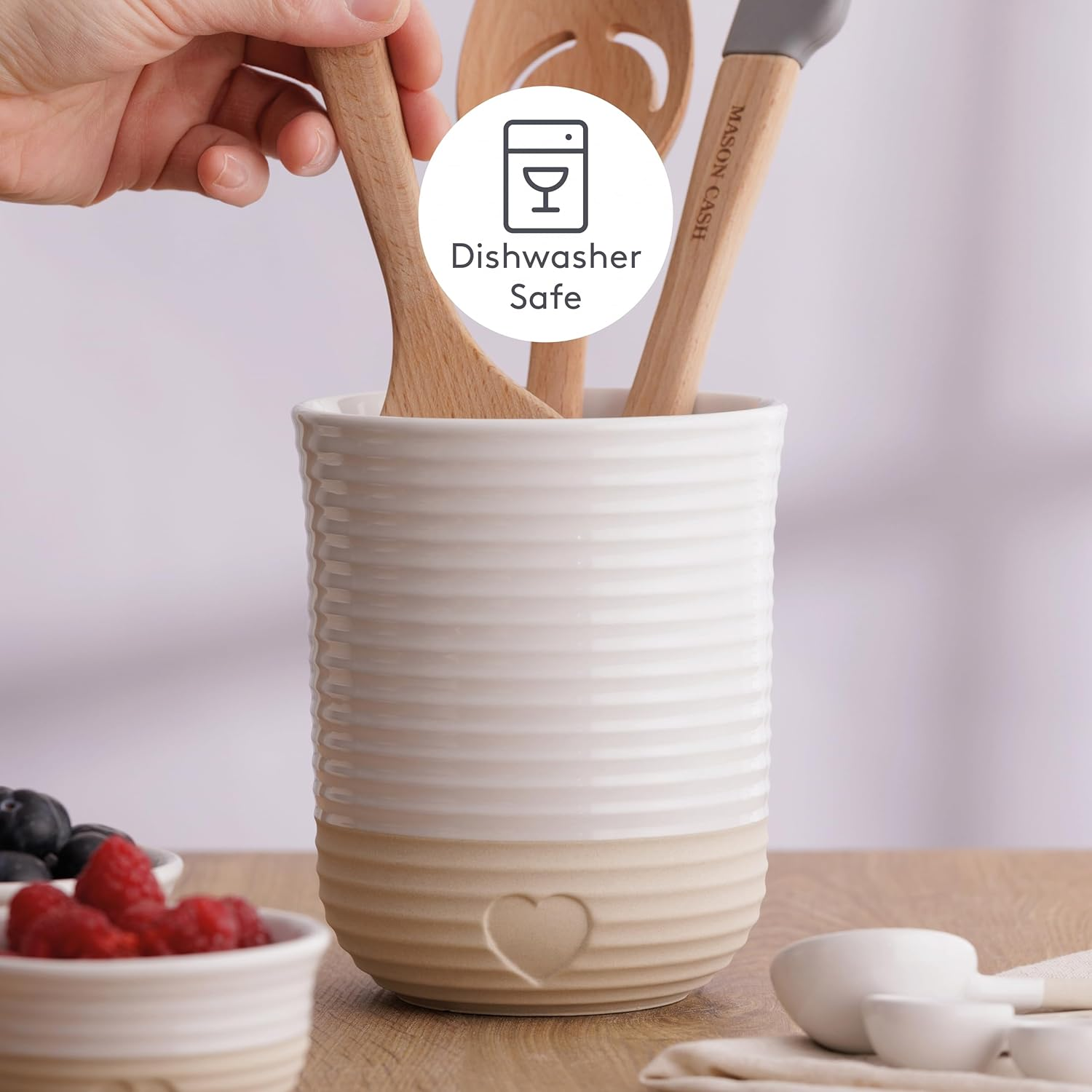 Mason Cash Rustic Charm Utensil Holder Stoneware with Debossed Heart Motif Durable Large Capacity for Kitchen Tools & Gadgets Stylish Countertop Organizer image number 2