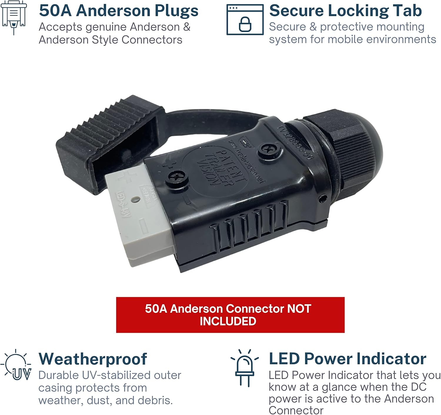 Trailer Vision 50 Amp Anderson Connector Cover Assembly with Rubber Dust Cap & LED - Protective Sleeve for SB50 Anderson Plugs Quick Connect System for Caravans Trailers Trucks Ute 4WD - 50A Black image number 2