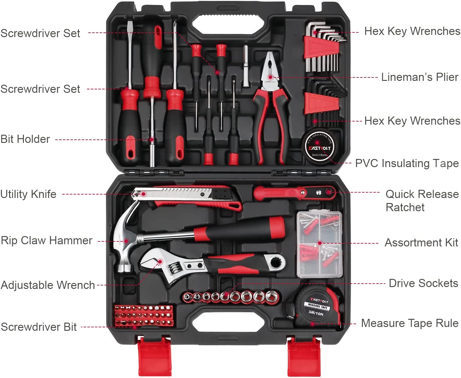 Eastvolt 128-Piece Home Repair Tool Set, Tool Sets for Homeowners, General Household Hand Tool Set with Storage Toolbox, EVHT12801, Black + Red (ASK01) image number 3