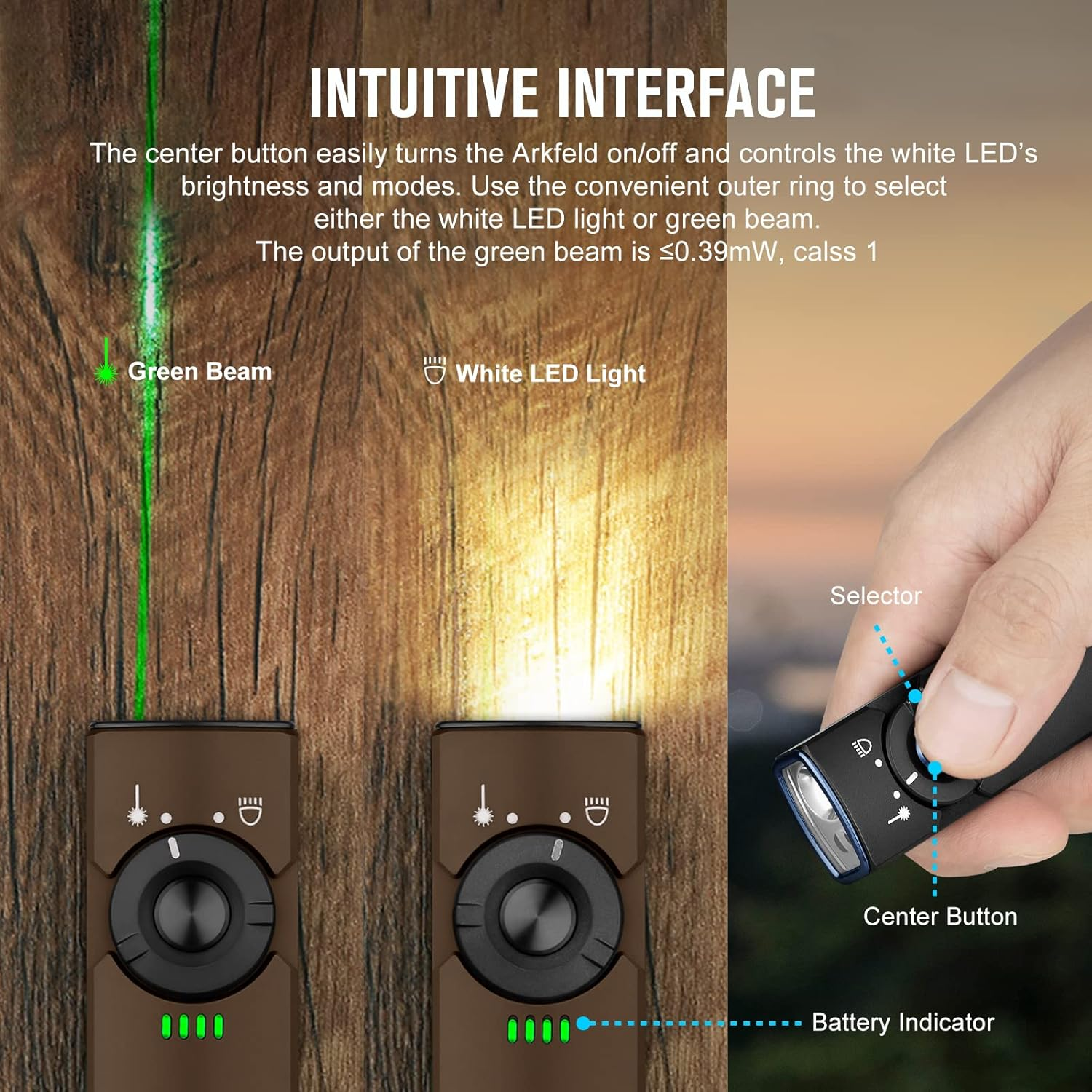 OLIGHT Arkfeld Max 1000 Lumens Rechargeable EDC Flashlight Dual Light Source with Green Beam for Pet, Presentation(Desert Tan, Cool White Light: 5700~6700K) image number 3