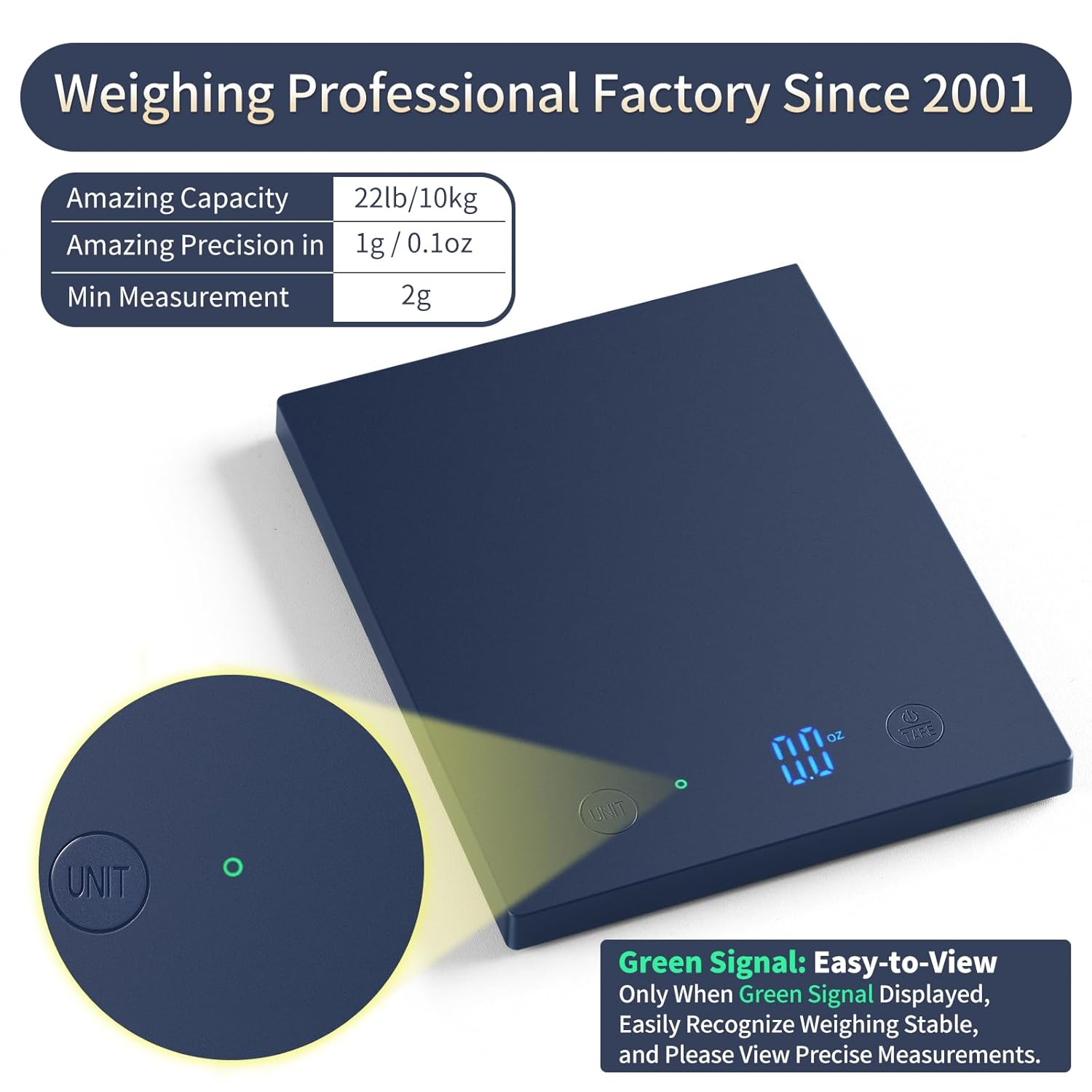 Homebuds 22Lb Digital Kitchen Scales in 1G, High Precision Assured by Scales Kitchen Professional Factory since 2001, Food Scales for Cooking and Baking, LED, 3*AAA Batteries Included, Blue