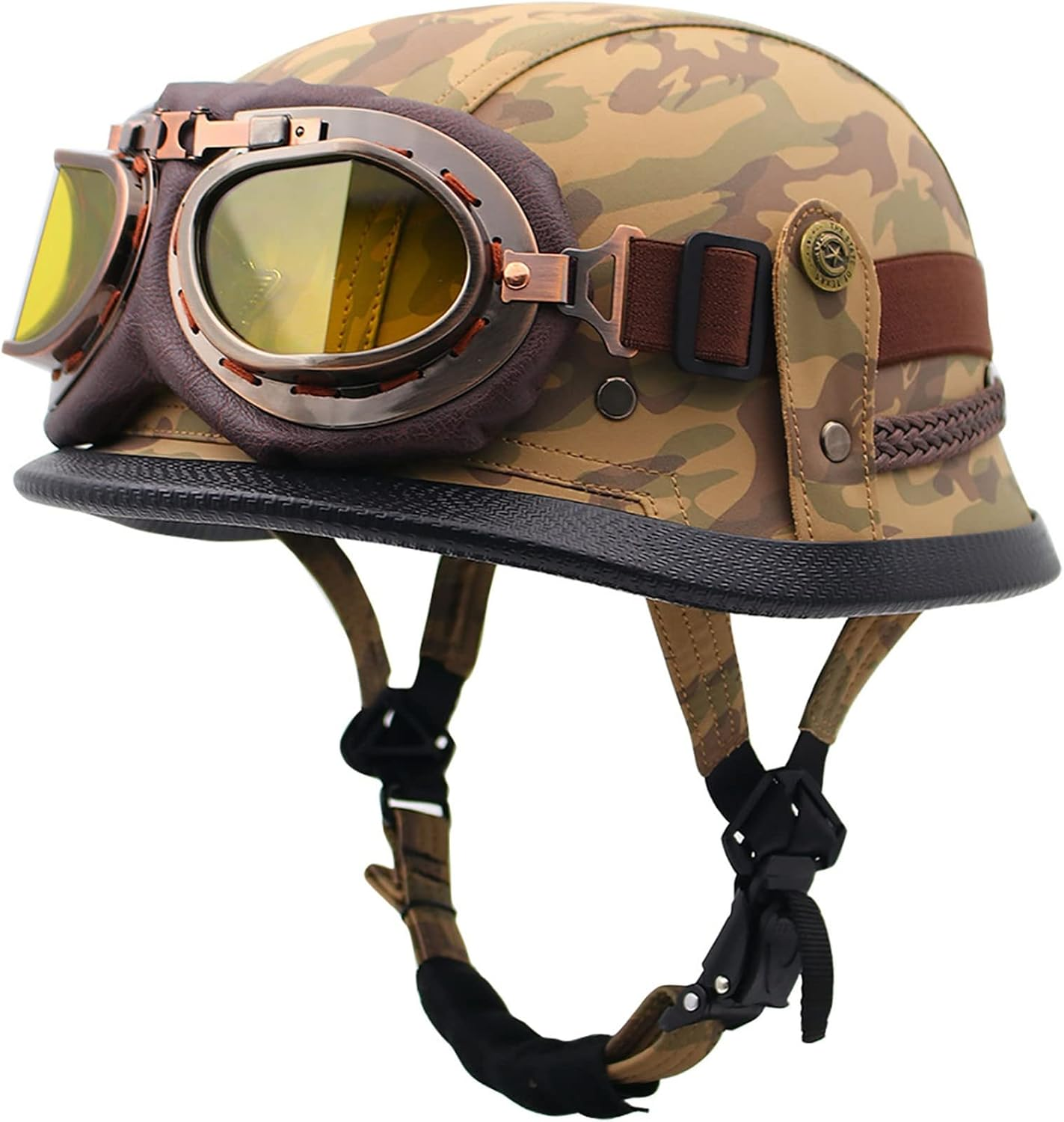 Leather Half Helmet with Yellow Goggles Vintage Motorcycle Half Shell Helmet Removable and Washable Liner Motorcycle Helmet for Adults Men Women DOT/ECE Approved