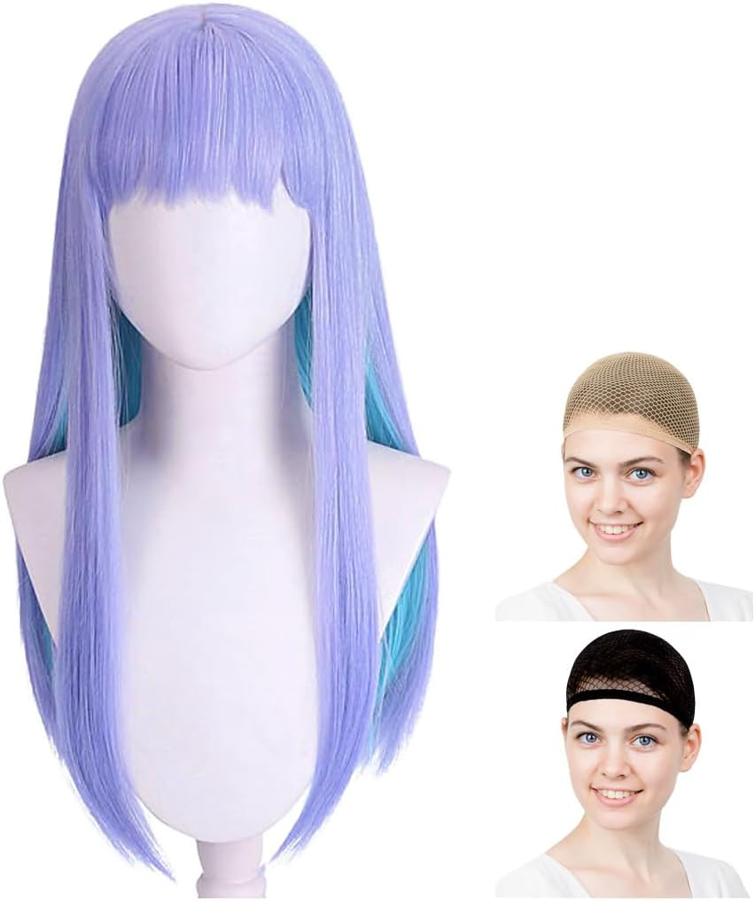 Caseeden Cosplay Wig, Awa Ren, Long, Light Purple & Light Blue, White Merce Wig Net, Set of 2 image number 2