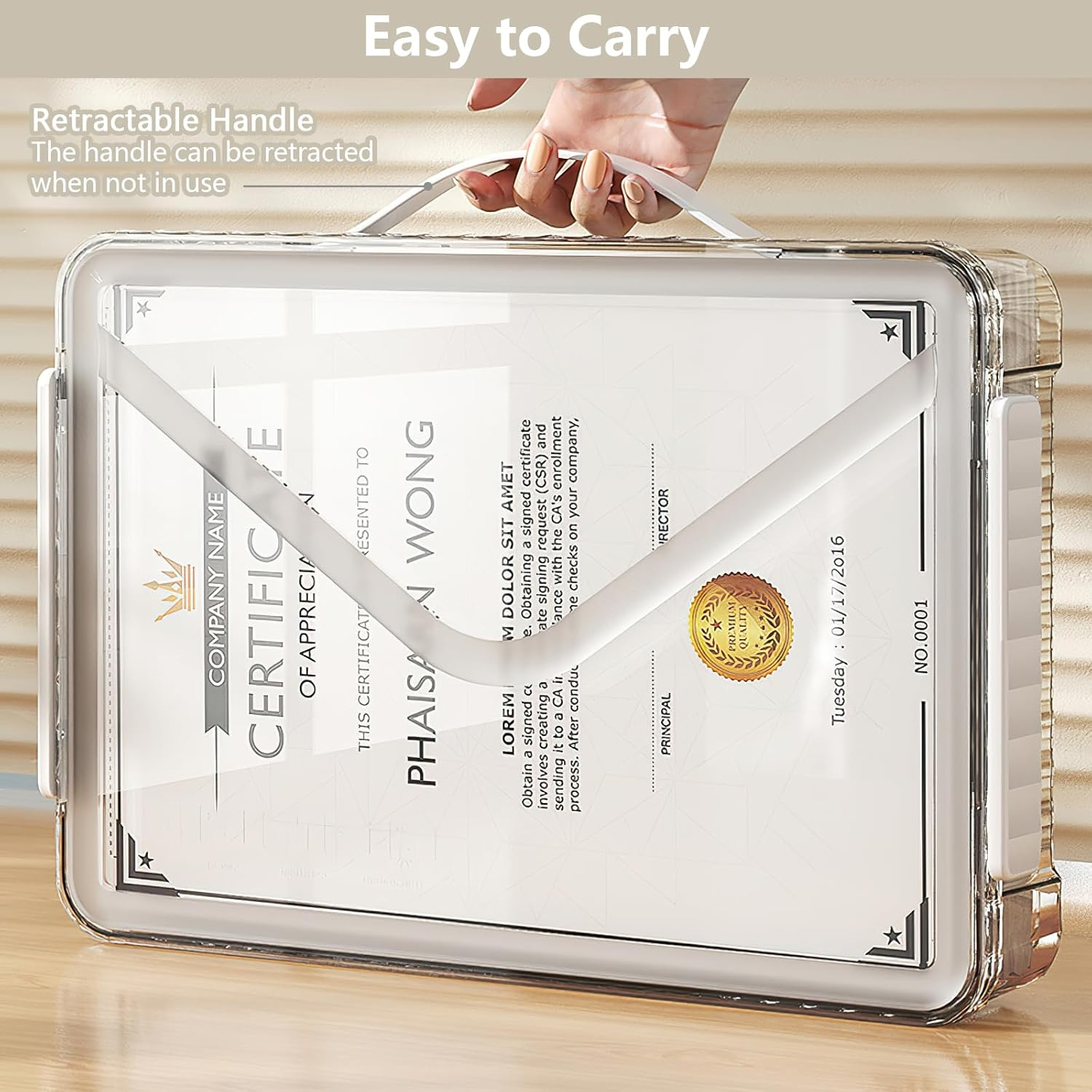 SAYEEC Plastic Storage Box Clear Stackable Storage Bins with Lids and Handle Large Capacity Storage Containers File Protector Case Organizer Portable Project Case for A4 Paper Photo Scrapbook Document - Clear Storage Box With White Handle image number 6