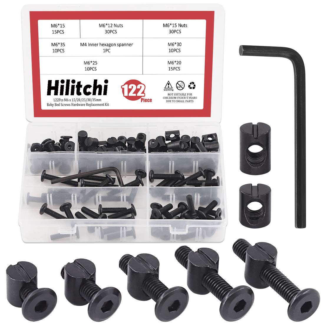 Hilitchi M6 120Pcs Black Hex Socket Head Screws Bolts Barrel Nuts Hardware Assortment Kit for Crib Baby Bed Furniture Cots and Chairs (15Mm/20Mm/25Mm/30Mm/35Mm-Assortment Kit) image number 3