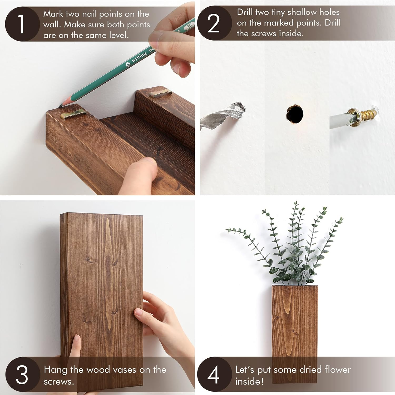 Wood Wall Planter Set of 2, Wood Wall Pocket for Greenery and Dried Flowers, Indoor Wood Hanging Vase, Modern Farmhouse Wall Decor for Living Room Bedroom Office Eucalyptus Stems Decorations (Walnut) - Walnut image number 3