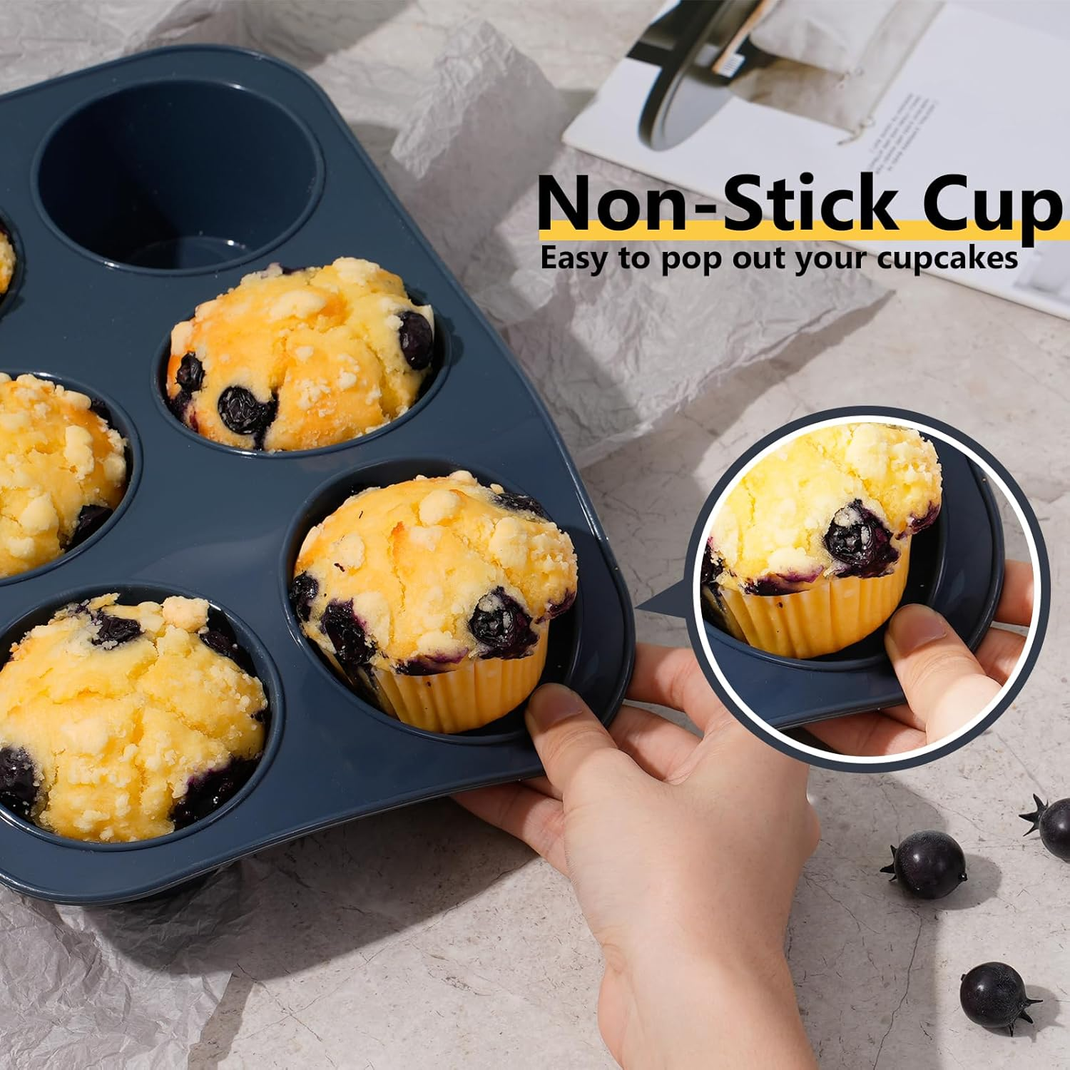 2 Pack Silicone Muffin Baking Pan & Large Cupcake Tray 6 Cup - Nonstick Giant Cake Molds/Tin, Large Silicon Bakeware, BPA Free, Dishwasher & Microwave Safe by Folksy Super Kitchen (Grey) image number 4