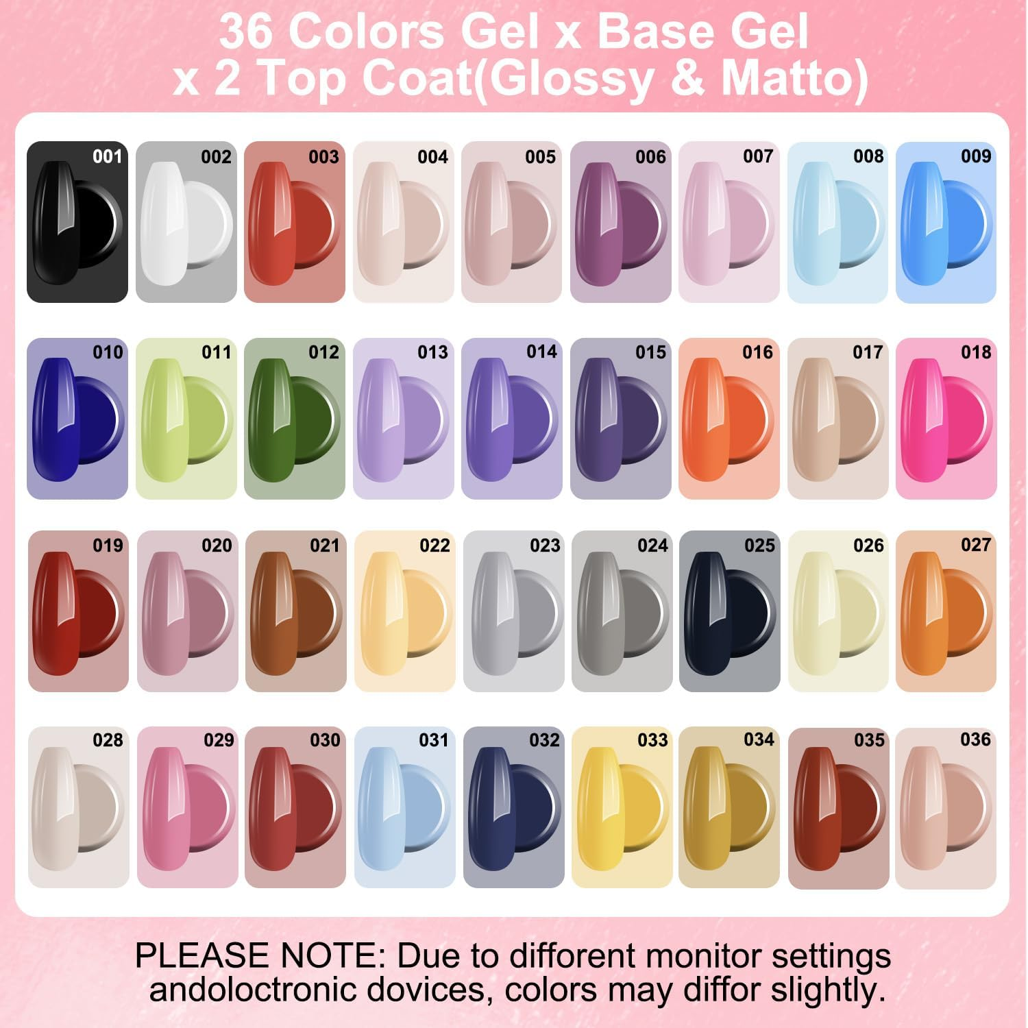 Necomi [52 PCS] Gel Nail Polish Set, 36 Colour Gel Nail Polish Kit with Base Coat Top Coat Glossy / Matte, All Seasons Nail Art Accessories, Surface Easy to Apply, Suitable for Ladies Gift Home DIY Gifts for Girl Mother image number 2