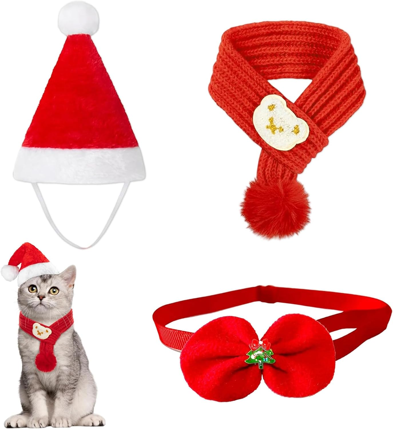 3 Piece Christmas Pet Dog Cat Outfit with Knitted Scarf, Santa Hat and Bow Tie, Festive Season, Red, Suitable for Small and Medium Pets image number 1