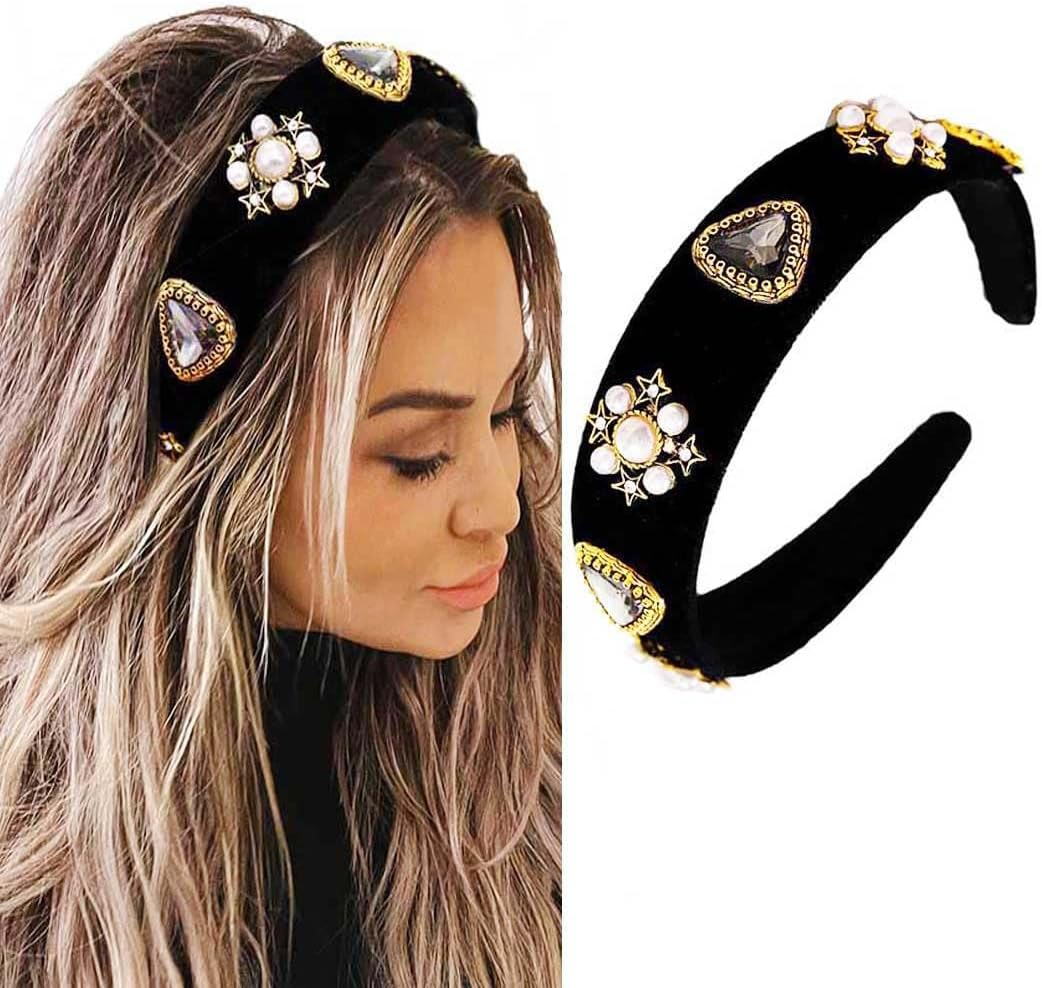 Sinalty Black Baroque Wide Headbands Rhinestone Pearl Hairband with Beaded Hair Ties Vintage Velvet Crystal Hair Band Party Headpieces for Women (Elegant) image number 4