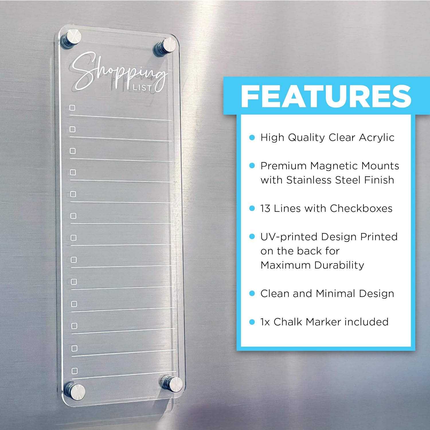 Magnetic Acrylic Shopping List Whiteboard 30Cm X 10.5Cm - Clear Dry Erase Checklist Board for Fridge - Includes White Chalk Pen & Magnetic Pen Holder image number 5