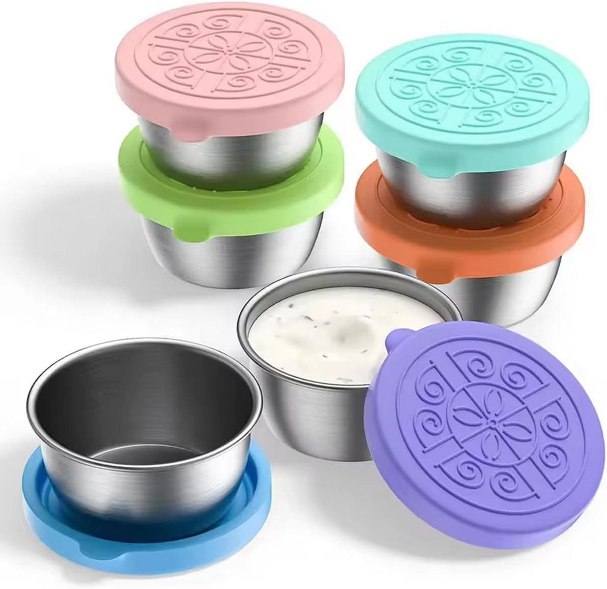 6Pcs/Set SUS304 Stainless Steel Salad Dressing Container with Leakproof Silicone Lids, Small Sauce Cups Condiment Containers for Lunch Bento Box, Picnic and Travel