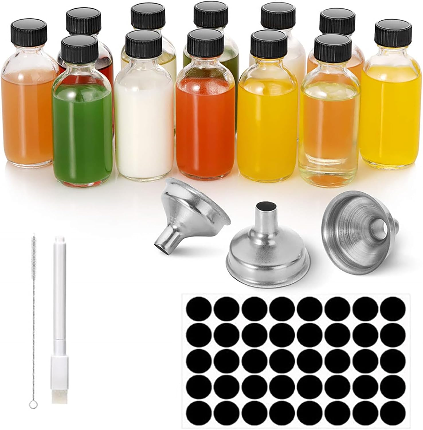 12 Pcs Small Glass Bottles with Lids,2Oz Clear Glass Containers with 3 Funnels,Brushes & Labels, Boston round Sample Bottles for Ginger Shots, Juice, Potion, Liquids, Whiskey