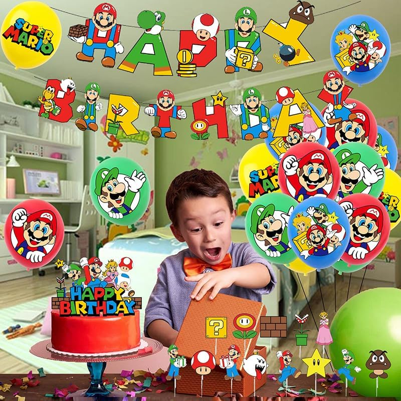 Mario Birthday Party Decorations - Super Mario Bros Cake Decorations, Balloons, Banner and Party Supplies