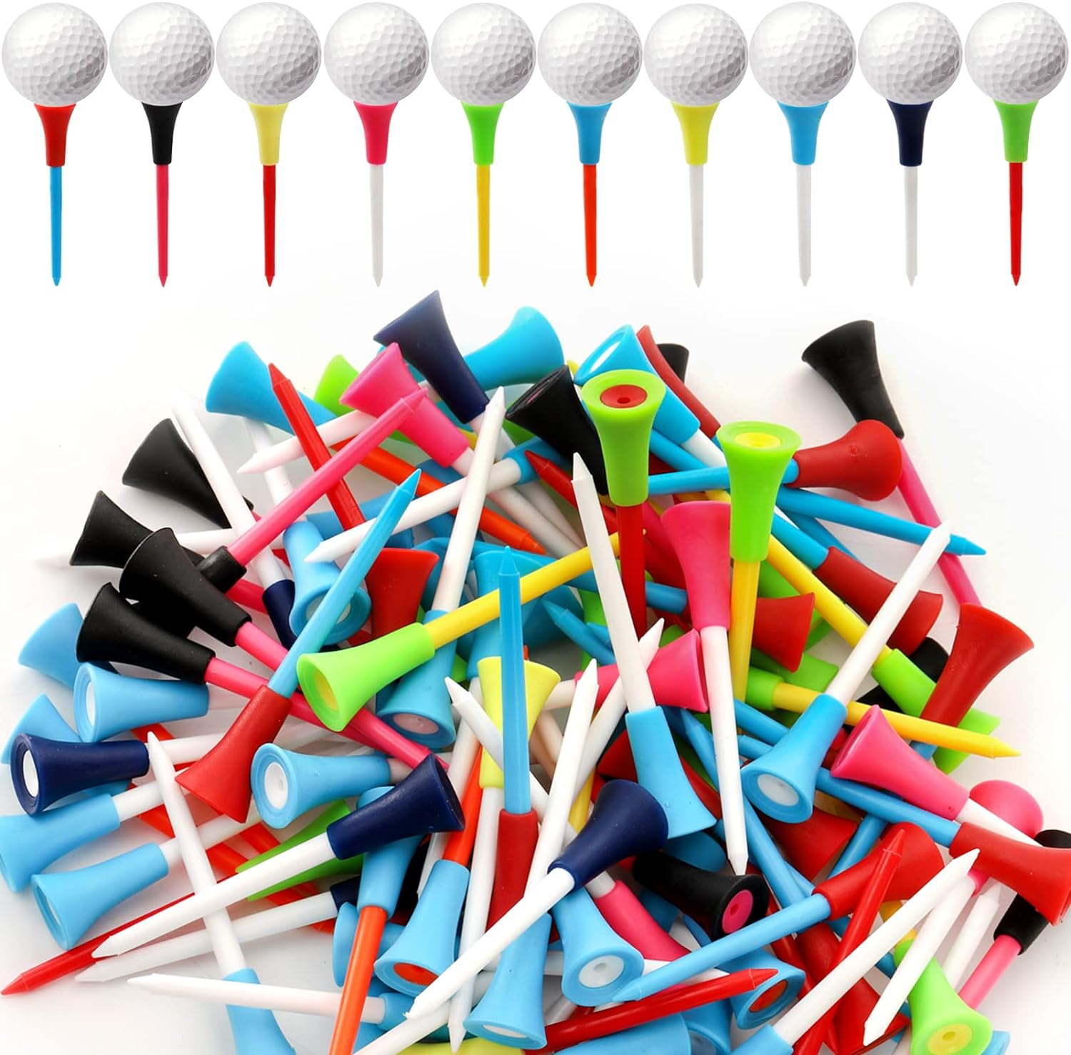 Jucoan 100 Pack Plastic Golf Tees 3-1/4 Inch with 3/4" Anti-Friction Rubber Cushion Top, Reduce Spin & Improve Accuracy &ndash; Multi-Color Durable and Stable Golf Tees for Driving Range, Course Practice image number 2