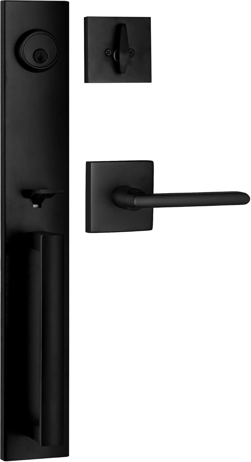 Berlin Modisch Full Escutcheon Handleset Front Door Entry Handle and Deadbolt Lock Set Slim Square Single Cylinder Deadbolt and Lever Heavy Duty &ndash; Iron Black Finish image number 4