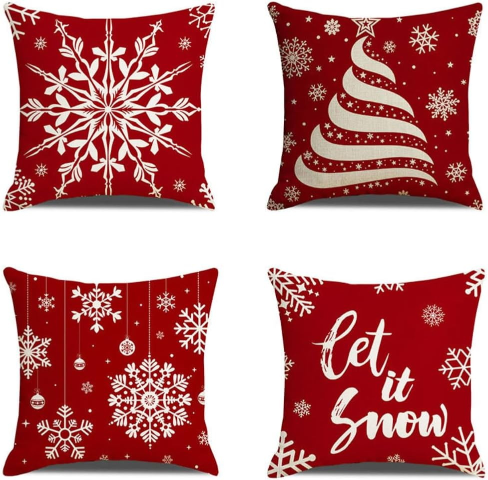 Christmas Cushion Covers 18X18 Inch, 4 Pack Pillow Covers Christmas Tree Snowflake Reindeer Santa Claus Linen Throw Pillow Cases for Home Decor, Bedroom, Sofa Christmas Decor New