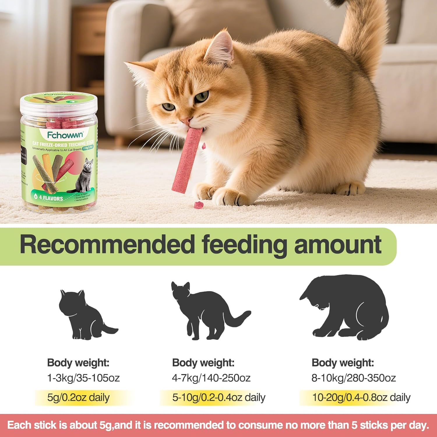 4 Flavors/110G Freeze-Dried Cat Treats,Natural Crunchy Cat Treats,Chew Sticks for Cats,Cats Dental Healthy and Hairball Control,(Beef,Cat Grass Salmon,Chicken Pumpkin,Chicken Dragon Fruit) image number 5