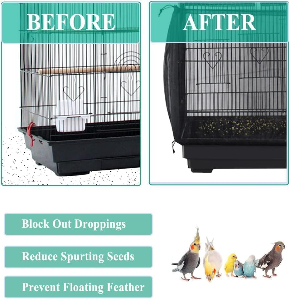 Bird Cage Seed Catcher Adjustable Bird Cage Cover Soft Nylon Mesh Net with Drawstring Birdcage Skirt Feather Guard for round Square Cages (Black, 87 * 15.7In/220 * 40Cm) image number 2