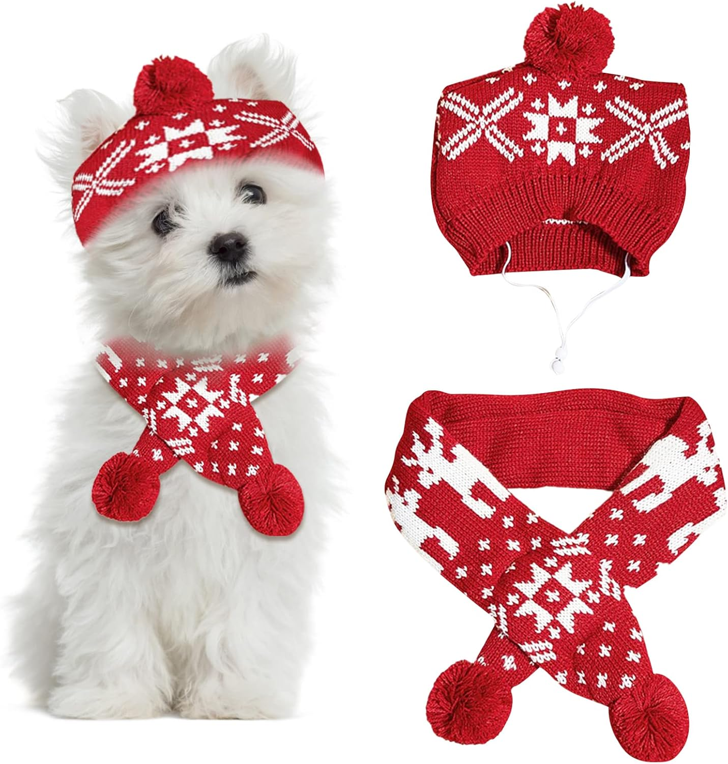 2 Pieces Christmas Pet Hat Scarf Set Winter Warm Puppy Collar Knitting Pet Hat Dog Cat Costume Accessories Adjustable Print Scarf and Hat for Small to Medium Pets (Medium, Deer)