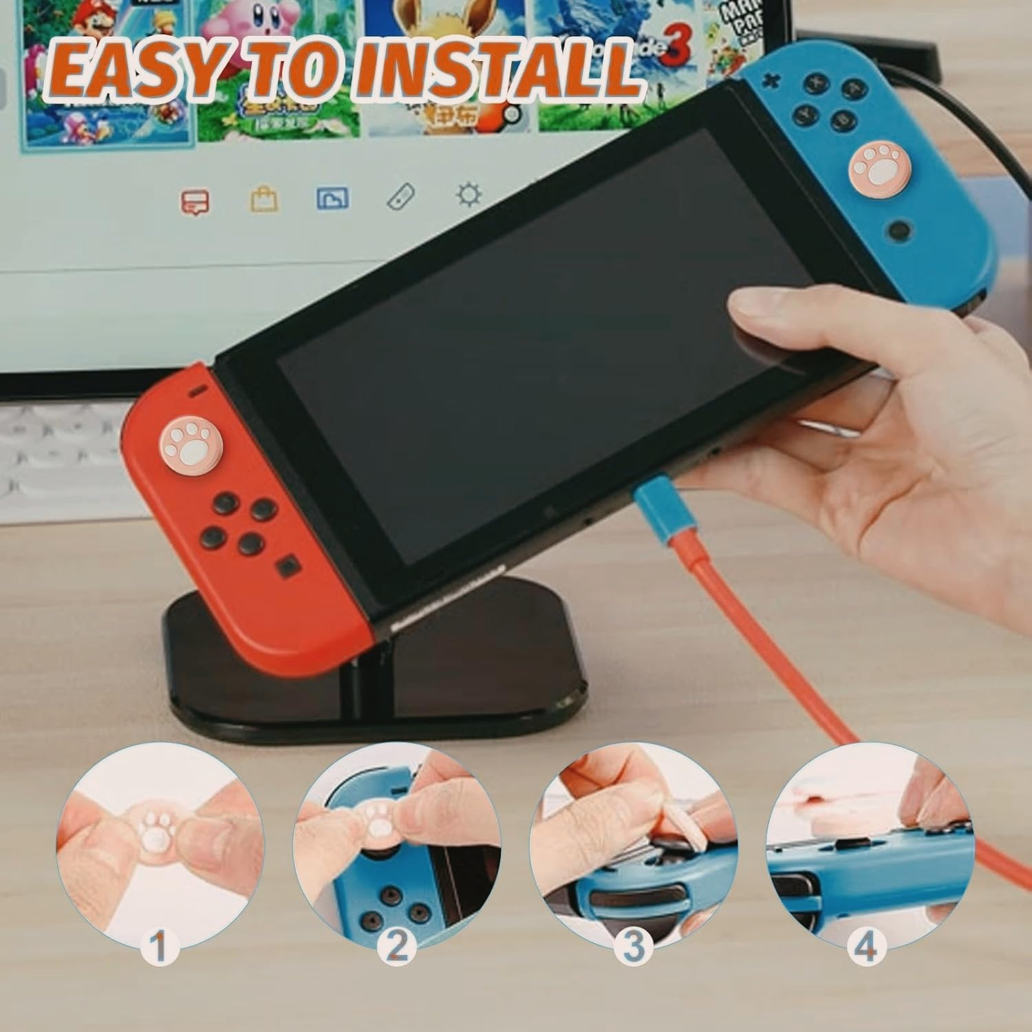 16Pcs Replacement Switch Thumb Grip Caps, Cute Cat Claw Joystick Covers, Soft Silicone Joycon Thumb Grip Covers Compatible with Nintendo Switch & Lite (8 Colors) - Switch Accessories